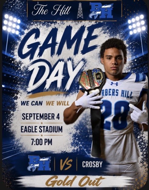 BH_Athletics's tweet photo. 🏈GAME DAY AT THE HILL! 🏈
Friday night. Eagle Stadium. Under the lights. ✨
And it’s a GOLD OUT — Eagle Nation, wear your GOLD and help us pack the stands! 💛🔥
🏈 Barbers Hill vs. Crosby
📅 September 4
📍 Eagle Stadium
⏰ 7:00 PM
💙🤍💛 ALL IN. GOLD OUT.💛🤍💙 https://t.co/ULfdESnPG3