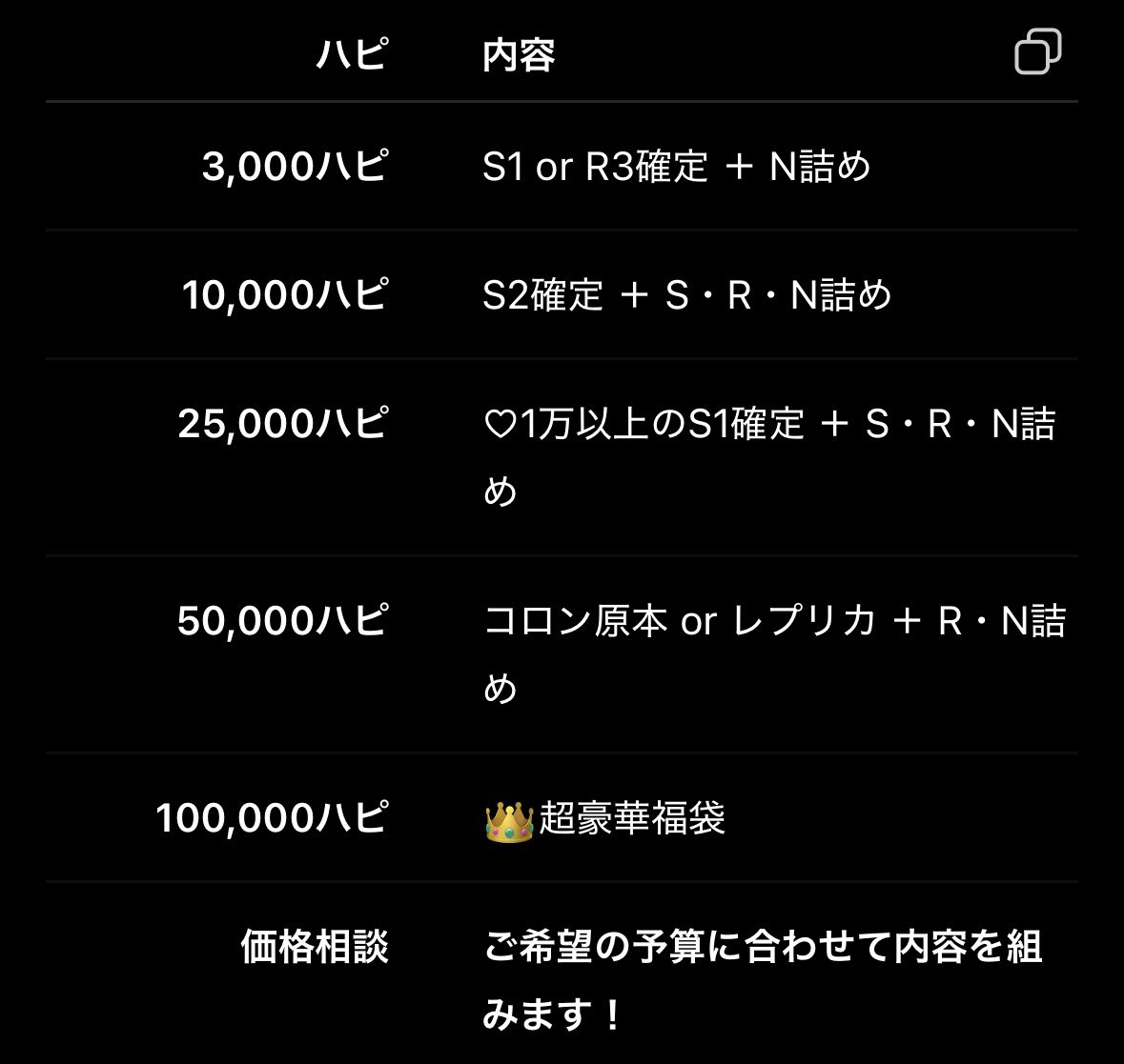 mimizuhappy's tweet photo. 🎀福袋販売のお知らせ🎀
3,000ハピ　S1 or R3確定＋N詰め 10,000ハピ　S2確定＋S・R・N詰め 25,000ハピ　♡1万以上S1確定＋S・R・N詰め 50,000ハピ　コロン原本orレプリカ＋R・N詰め 100,000ハピ　超豪華福袋👑 💭価格相談　ご希望の予算に合わせて作成します！

ゲーム内フレンドなれる方限定 https://t.co/2RpguFCyIO