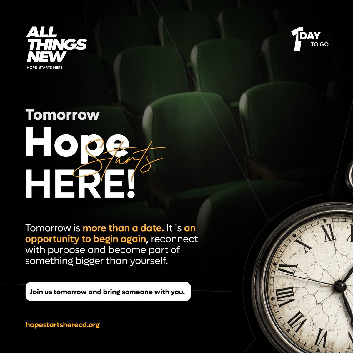 sdackc's tweet photo. ⏰ 1 DAY TO GO!

Tomorrow is more than a date. It’s an opportunity to begin again, reconnect with purpose, and become part of something bigger than yourself.

Hope starts here. Bring someone with you.

#SDACKC #HopeStartsHere #AllThingsNew https://t.co/b67sFLO8jV