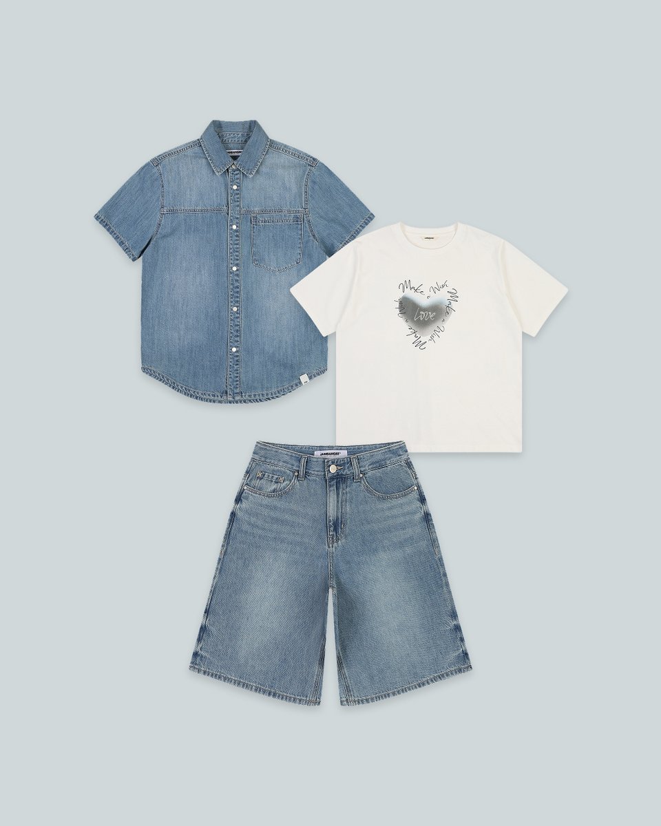 CythiaOrnevulc's tweet photo. Jacket: Non-stretch indigo basic short-sleeve denim shirt (LB)
Top: Sorona 3D heart graphic semi-oversized short-sleeve T-shirt (OW)
Bottom: Tencel non-stretch light indigo wide-fit shorts

A cool, comfortable summer look pairing an indigo denim https://t.co/dJjSlhaDaM