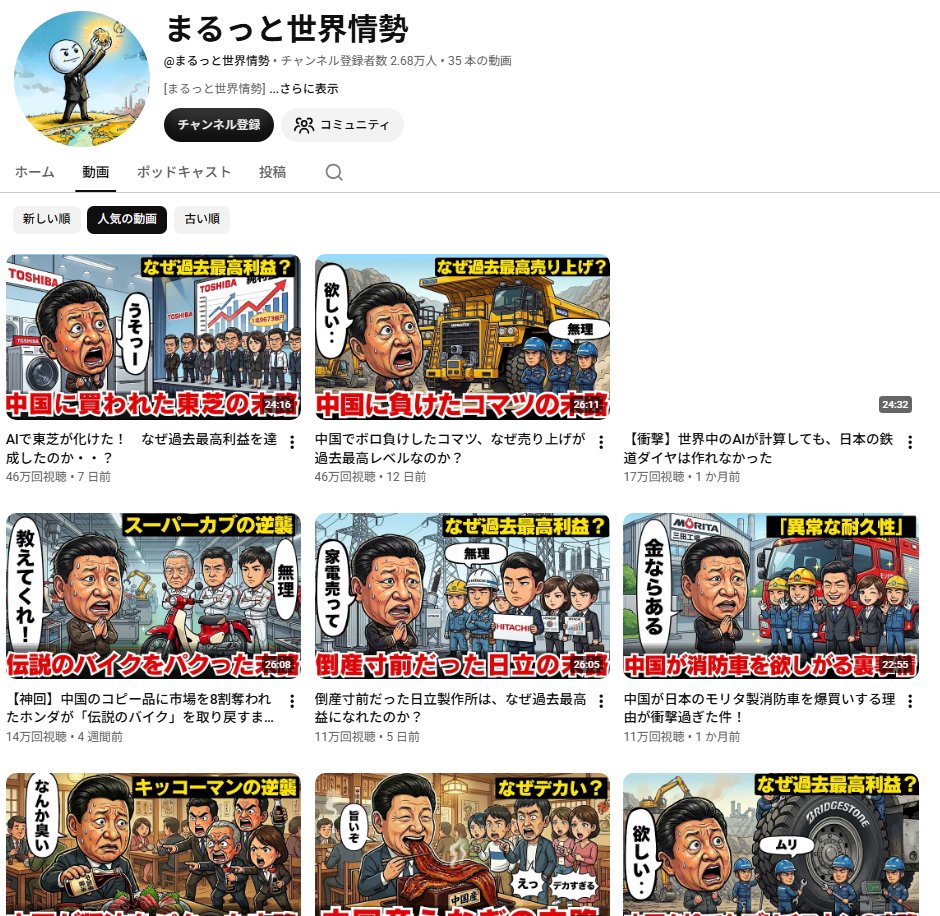 samon_youtube's tweet photo. エグいな、、

35本で月間308万回。
「日本企業の逆転劇」だけを扱うチャンネル。

・投稿本数：35本
・登録者：約2.68万人
・月間再生：約308万回（Social Blade日次実測）
・推定月収：92〜154万円（単価0.3〜0.5円で試算した推定値）

伸びている理由は以下の3つ↓

①負けから入って、勝ちで終わる
「中国でボロ負けしたコマツ、なぜ売り上げが過去最高レベルなのか」で45万回。
最初に負けを置いて、最後にひっくり返す。
この順番が全部の動画で固定されている。

②題材を差し替えるだけで次の1本になる
主語は毎回「日本企業」。
企業名を入れ替えれば、構成をゼロから考え直さなくていい。
35本出しても設計がブレない理由がここにある。

③素材の権利で止まらない
解説はオリジナルのアニメーション。
実写もニュース映像も使っていない。
外部要因で消える可能性を最初から潰してある。

1本あたり8万回を安定して出している。
効いているのは本数じゃなく、順番の固定。

※保存必須

https://t.co/V4MvukYDql
