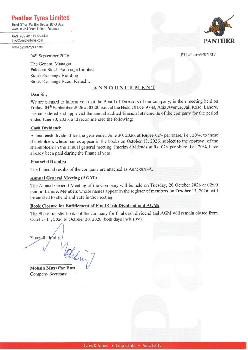 ChasePSXNotices's tweet photo. PTL: Financial Results for the Year Ended 30-06-2026

𝐈𝐧𝐭𝐞𝐫𝐢𝐦 𝐝𝐢𝐯𝐢𝐝𝐞𝐧𝐝𝐬 𝐚𝐭 𝐑𝐬. 𝟎𝟐/- 𝐩𝐞𝐫 𝐬𝐡𝐚𝐫𝐞, 𝐢.𝐞., 𝟐𝟎%, 𝐡𝐚𝐯𝐞 𝐚𝐥𝐫𝐞𝐚𝐝𝐲 𝐛𝐞𝐞𝐧 𝐩𝐚𝐢𝐝 𝐝𝐮𝐫𝐢𝐧𝐠 𝐭𝐡𝐞 𝐟𝐢𝐧𝐚𝐧𝐜𝐢𝐚𝐥 𝐲𝐞𝐚𝐫.

#PSX #Stock #News #PTL #FinancialResults https://t.co/ymu0EvAUhV