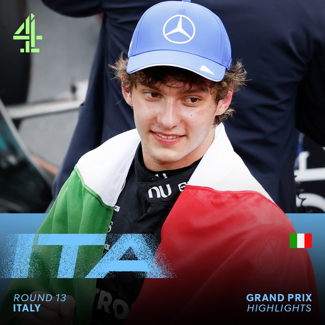 Graphic of F1 driver Kimi Antonelli. He's wearing a black Mercedes race suit and blue mercedes cap. He's wearing an Italian flag draped around his shoulders, smiling past the camera
Text on the graphic reads: ITA. Round 13, Italy. Grand Prix Highlights
