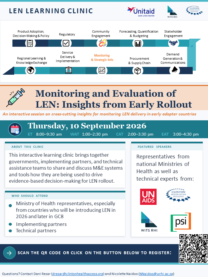 WitsRHI's tweet photo. LEN Learning Clinic | M&E. Join @WitsRHI on 10 September for an interactive session on M&E insights from the early rollout of #LEN. 2:00–3:30 PM CAT| Register here: https://t.co/lurDfdxCTJ @UNITAID @CHAI_health #WitsRHI #LearningClinic #HIVPrevention https://t.co/g4QQFo1Aun