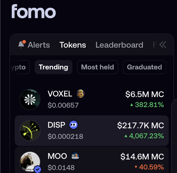 rhdisperse_app's tweet photo. We entered the Trending Tokens on @fomo 

$DISP is now Trending
-> Doxxed Team @AMayer5751 @amil0x @Jasminko_K 
-> Product is live (https://t.co/fqzB8ejrcl)
-> $MSTR Pair
-> Roadmap and updates prepared
-> 26% Team Buy burned

What else do you need? More updates are coming today

CA: 0xa4f285ec2dc214660cc3407364ee65c25fffdf60