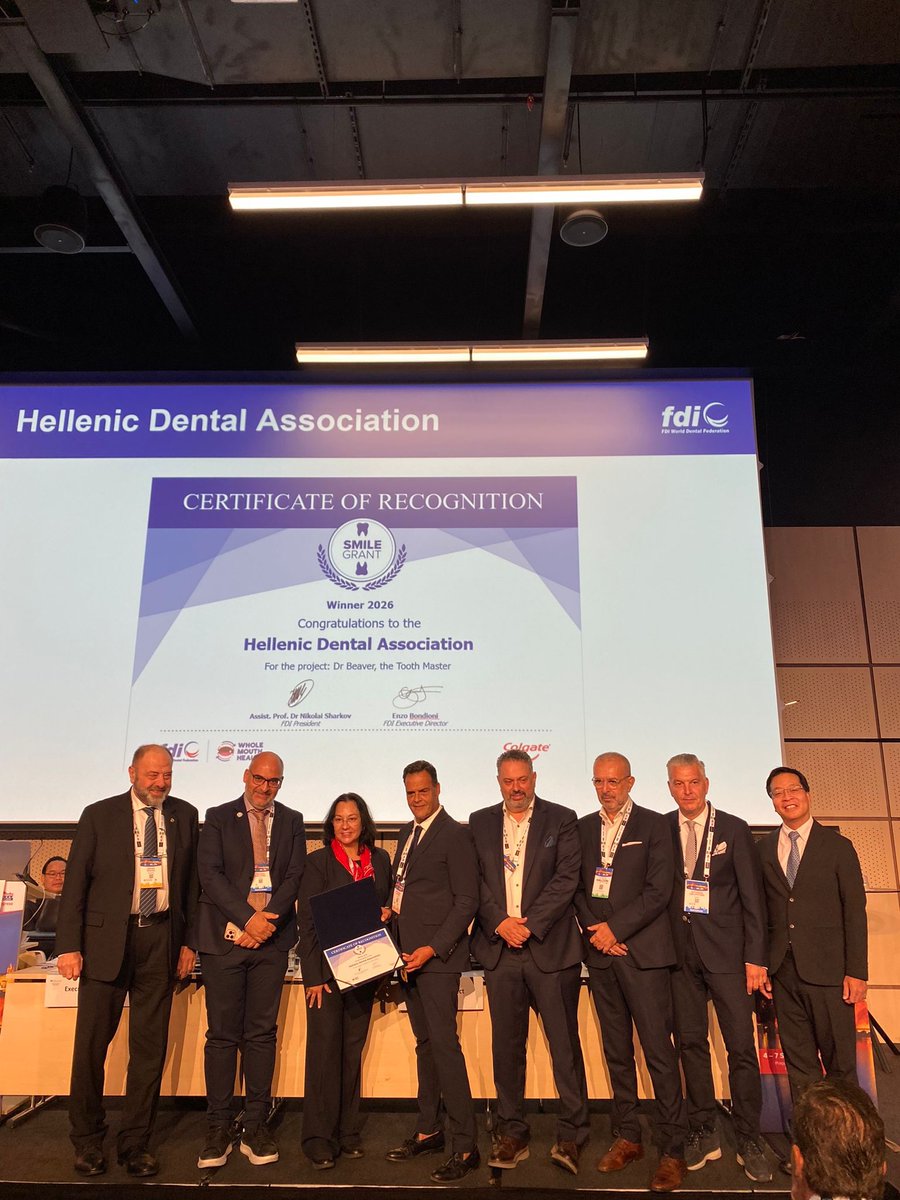 fdiworlddental's tweet photo. 🏆 Congratulations to the 2026 FDI Smile Grant winners!

At #WDC26 in Prague, FDI President Assist. Prof. Dr Nikolai Sharkov presented the 2026 Smile Grant awards to the Hellenic Dental Association and the New Zealand Dental Association.

Supported generously by Colgate, the FDI Smile Grant recognizes community-based initiatives that are making oral health promotion and prevention more accessible.

This year’s winning projects are bringing prevention to communities in innovative ways: From a mobile dental unit and children’s theatre in Greece to supervised electric toothbrushing in special schools in New Zealand.

👏 Congratulations to both associations for their inspiring work to reduce oral health inequalities and create healthier communities!