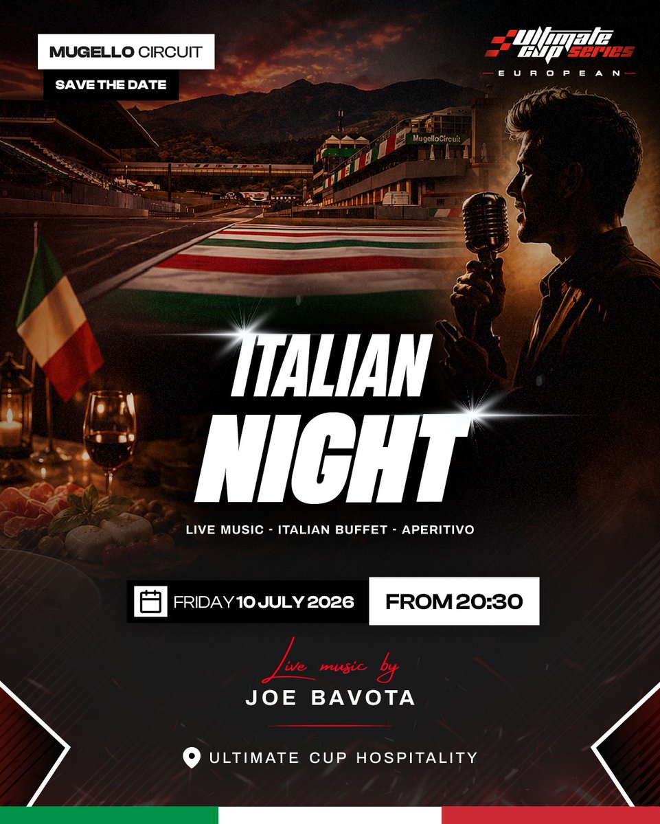 BarrettBot2v's tweet photo. More than racing—an experience. Join us Friday for Italian Night at Mugello: authentic buffet, live music by Joe Bavota, and a relaxed evening with teams, drivers, partners and friends. Friday 10 July, from 20:30. https://t.co/Flvf97y68y
