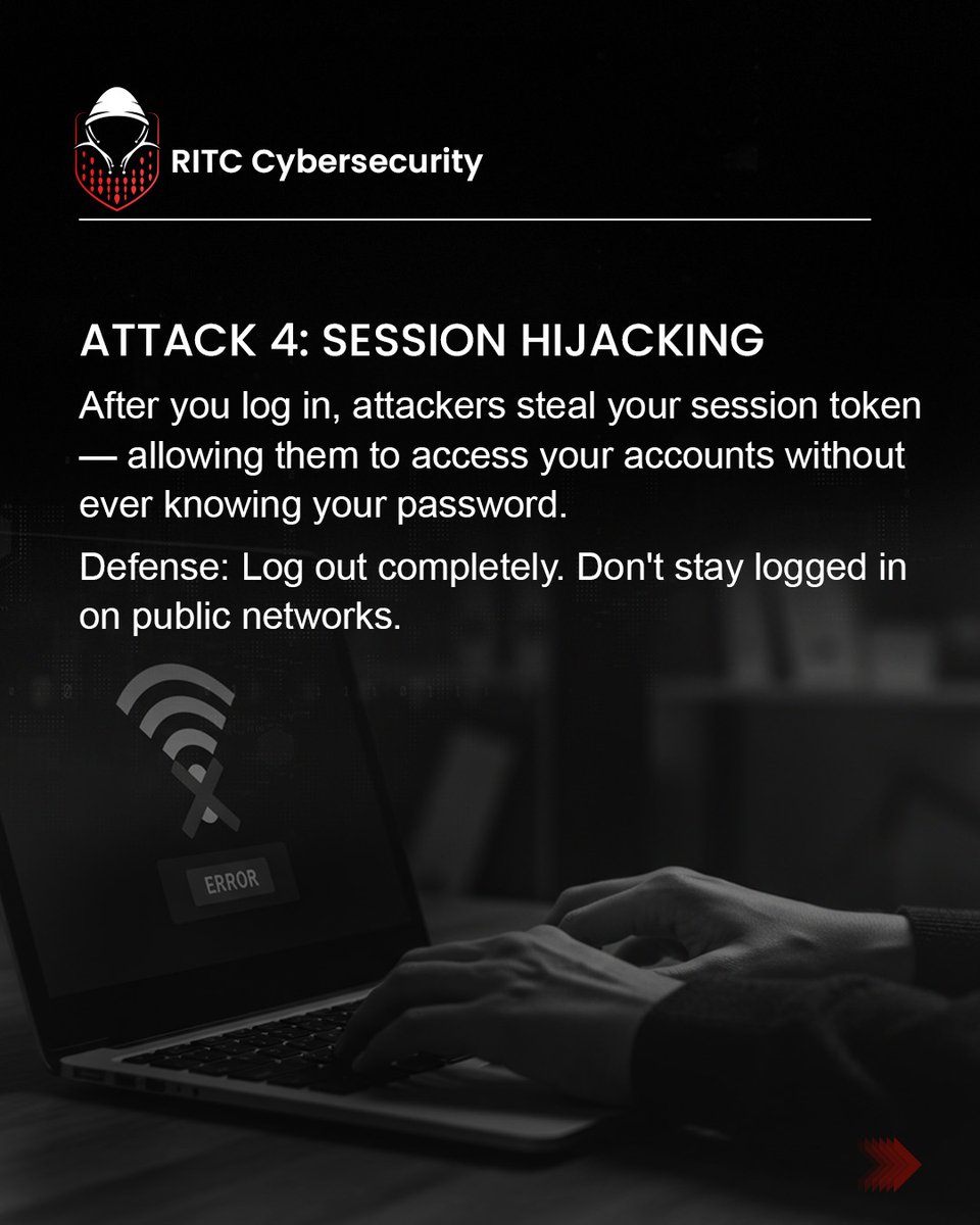 RITCsecurity's tweet photo. Before you connect to café Wi-Fi today swipe through this.

4 real attacks that happen on public networks. 4 habits that stop them. And a 60-second protocol your whole team should have.

👉 Swipe, save, share.
#PublicWiFi #CyberSecurity #RemoteWork #VPN #RITC #DataSafety https://t.co/C8K4tqkuhB