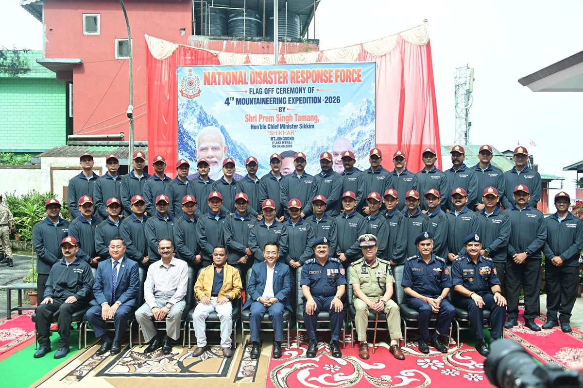 sikkimgovt's tweet photo. NDRF’s 4th Mountaineering Expedition "Shikhar” to Mt Jongsong (7,462 m) was flagged off on 4 September 2026 by the Chief Minister of Sikkim, @PSTamangGolay, in Gangtok.

The 41-member expedition aims to enhance technical skills and endurance through high-altitude exposure and strengthen preparedness for specialised rescue operations in challenging mountain terrain.

□ For more details: https://t.co/Y7YQenrPwg

@NDRFHQ  
@adgpi
#Sikkim
#NDRF    
#IndianArmy
#HimalayanExpedition