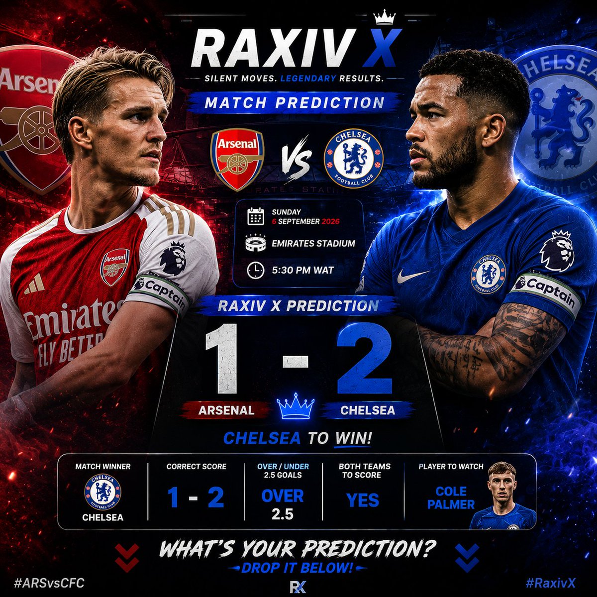 Raxiv_x's tweet photo. @CfcworldC98181 🎯 RAXIV X MATCH PREDICTION
🔴 Arsenal 🆚 Chelsea 🔵
Our call: CHELSEA TO WIN! 💙
Prediction: Arsenal 1–2 Chelsea 👀🔥
Over 2.5 goals ✅
Both teams to score ✅
Agree with the prediction or you see it differently? 👇
Drop your score prediction!
#ARSvsCFC #Chelsea #Arsenal #RaxivX https://t.co/C5RQngvpR6