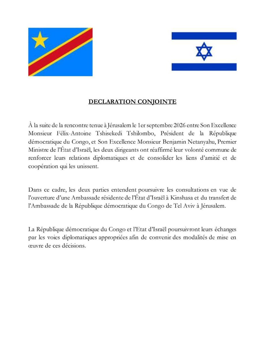 kabund_jmkkrock's tweet photo. L’amitié entre le peuple congolais et le peuple israëlien est forte et ancienne : elle n’a pas besoin d’un déménagement pour exister. 
Le statut de Jérusalem n’est pas une variable d’ajustement au gré de la volonté présidentielle. Il est encadré par le droit : en l’occurrence celui de la résolution 478 de l’AG des Nations Unies et celui de la Cour Internationale de Justice de 2024. 
Une fois de plus par son annonce hâtive Felix Tshisekedi démontre qu’il n’est pas un faiseur de paix. Il traite le droit comme quantité négligeable, la souffrance des peuples comme un détail et la tradition diplomatique de notre pays comme une relique.