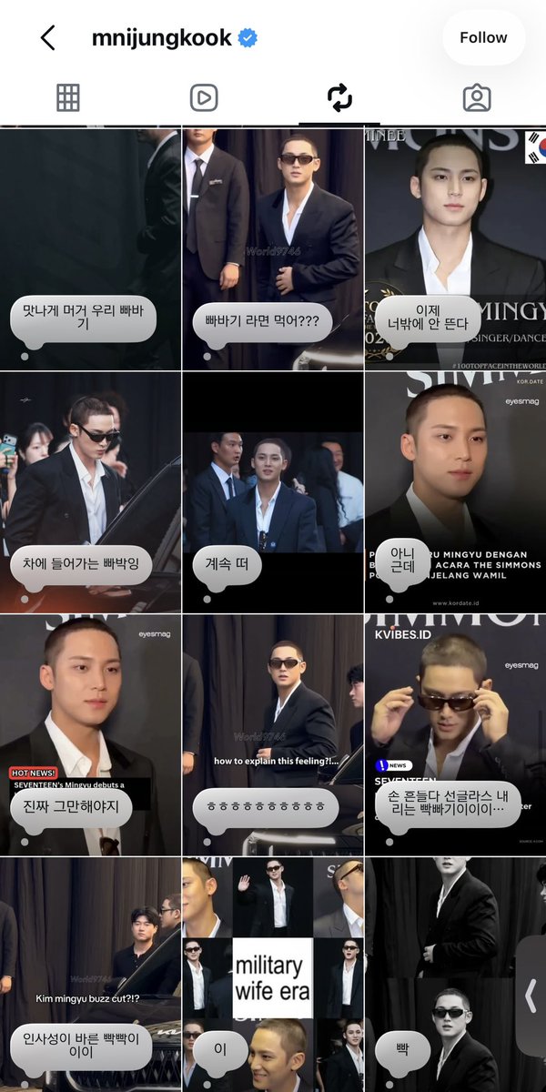 coupslovre's tweet photo. LMAOOO 😭 mingyu literally told jungkook to stop reposting his clips and calling him “baldie” on IG and what does jungkook do? 😭 still reposting mingyu’s clips from yesterday’s event 😭😭😭 https://t.co/voyqw355Ud