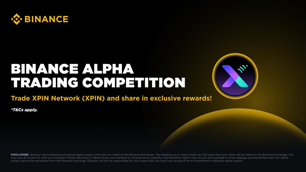 BinanceWallet's tweet photo. Join the #Binance Alpha XPIN Trading Competition now!

🔸 Trade XPIN with $200K worth of rewards up for grabs.
🔸 Click [Join] on the Binance App event page to start tracking trade volume.
🔸 New: Rising Trader Boost — Qualified Alpha competition traders can unlock a 1.2x trading volume boost. See campaign details to check your eligibility.
🔸 Early Bird Multiplier is on — the earlier you trade, the higher the boost. Day 1 trades enjoy a 2.0x multiplier.
🔸 Only buy volume counts (selling is excluded).

Don’t miss out 👇
https://t.co/LW7AW80KlY