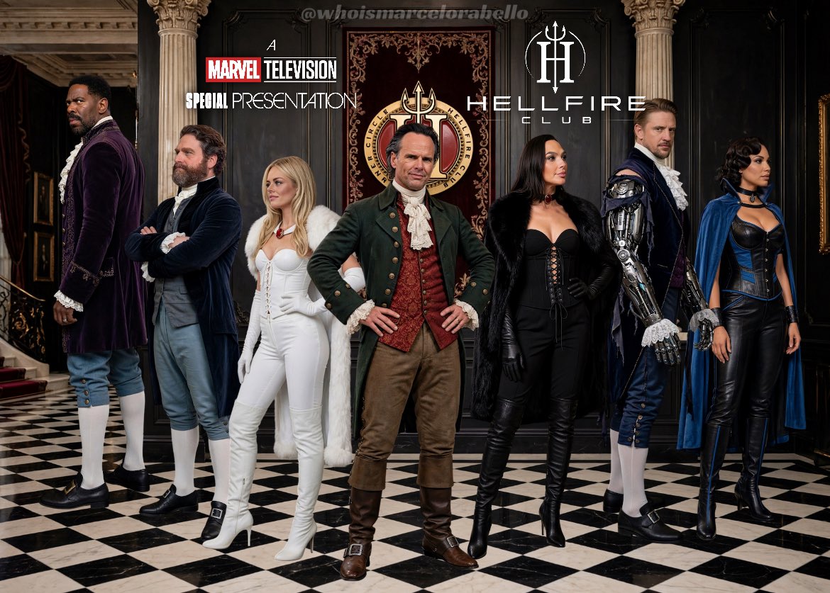 whoismarcelorab's tweet photo. 🔥 MY HELLFIRE CLUB FANCAST 🔥
Walton Goggins — Sebastian Shaw
Samara Weaving — Emma Frost
Gal Gadot — Selene Gallio
Boyd Holbrook — Donald Pierce
Zach Galifianakis — Harry Leland
Jurnee Smollett — Tessa
Colman Domingo — Emmanuel Da Costa
#HellfireClub #XMen #MarvelTelevision https://t.co/Kpw02Lowl5