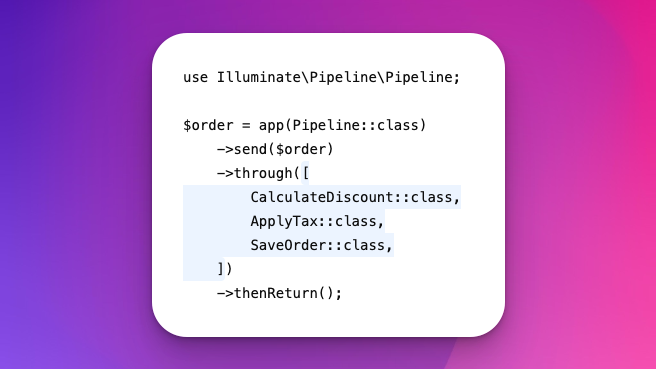 laravelbackpack's tweet photo. 🚀 #Laravel Tip

Have a bunch of sequential steps or business rules to run one after another?

Yes, you can build a assembly line for your business logic.💡

The #Laravel Pipeline let's you pass the data through dedicated classes: https://t.co/rLtaPIS75y