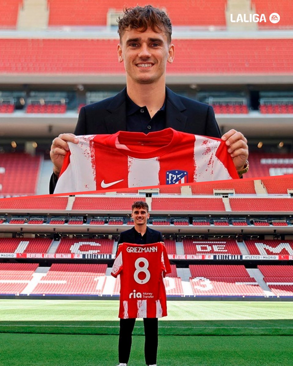 LaLiga's tweet photo. La vuelta del ‘𝗣𝗥𝗜𝗡𝗖𝗜𝗣𝗜𝗧𝗢’. ❤️🤍

#TalDíaComoHoy, en 2021, el @Atleti presentaba de nuevo a @AntoGriezmann en el Riyadh Air Metropolitano.

#LALIGAHistory https://t.co/WrvNEqVqdW