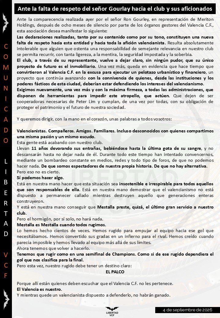 LibertadVCF's tweet photo. 🚨🚨COMUNICADO OFICIAL🚨🚨

El valencianismo puede y debe luchar por su club. 
Que no nos engañen, tenemos mucha fuerza, debemos creérnoslo.
Apoyamos cualquier acto de denuncia cívica sobre lo que están haciéndole al @valenciacf esta panda de sátrapas. https://t.co/1oESle7sNu