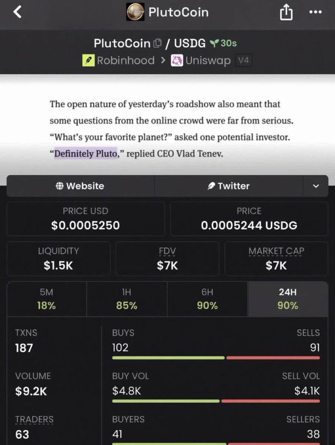 X100mave's tweet photo. Watch your entry on $plutoCoin
Gamble for now🍀
CA:

0x5dc1546Be4a8687815f20C83F8758e7173904034
#Robinhood #memecoin #memecoin1000x https://t.co/gZILLhiJas