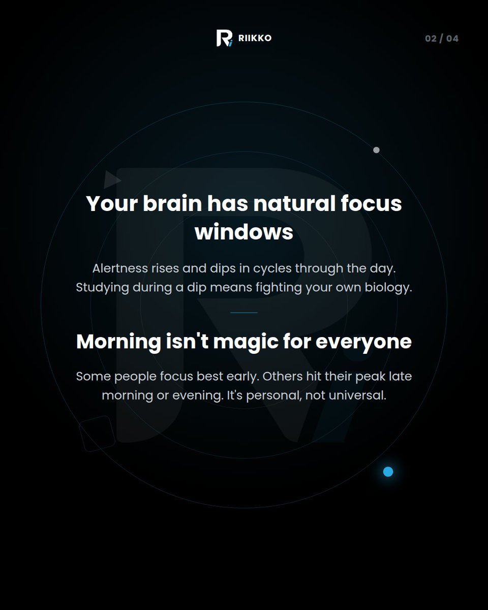riikkoai's tweet photo. The "best time to study" isn't 5am or midnight — it's whenever YOUR brain actually focuses best. 🧠

Track your own focus window for a few days. That's your real answer, not a generic schedule.

#Riikko #StudySmart #StudentLife https://t.co/0cJS3VeNDL