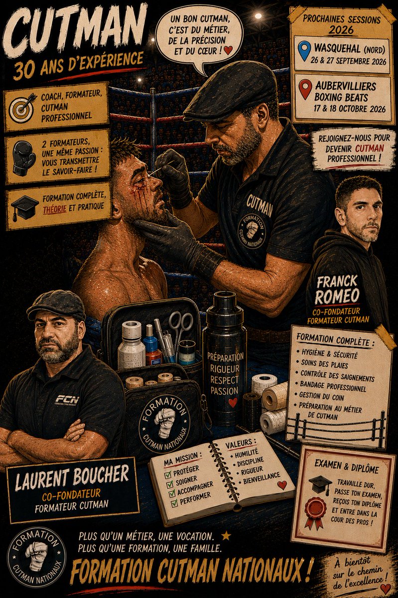 coachcutman's tweet photo. Un début d’année exceptionnel ! 

Formation cutman :

🧑‍🎓 26-27 septembre 2026 à Wasquehal  
🧑‍🎓 17-18 octobre 2026 à Aubervilliers  

✅ Inscriptions sur le site officiel de la FCN :  
https://t.co/ekjknjkUff  

#mmafighter #muythai #boxeanglaise #cutman #cutwoman https://t.co/RQppnVjDi6