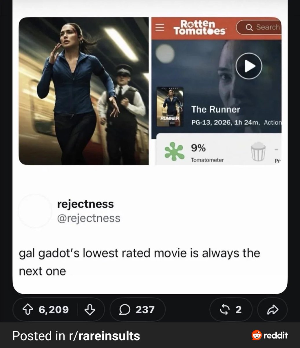 RedditCraziest's tweet photo. Gal Gadot running away from acting  classes https://t.co/d9OR3VXDHj