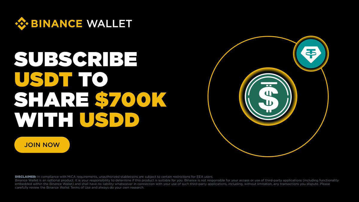 BinanceWallet's tweet photo. 🔥 Your USDD position is still earning. 

@USDDecentralize Season 8 goes live next week!

Promotion Period: 2026-09-07 00:00 to 2026-10-26 23:59 UTC

From Sep 7th, deposit at least 100 USDT into the DeFi USDT-USDD strategy to share $700,000 USDD rewards for 50 days with #Binance Wallet!

Already in Season 7? Maintain your current position to automatically roll over into Season 8. No re-subscription needed.

🚀 Check the original link to lock in your yield now!