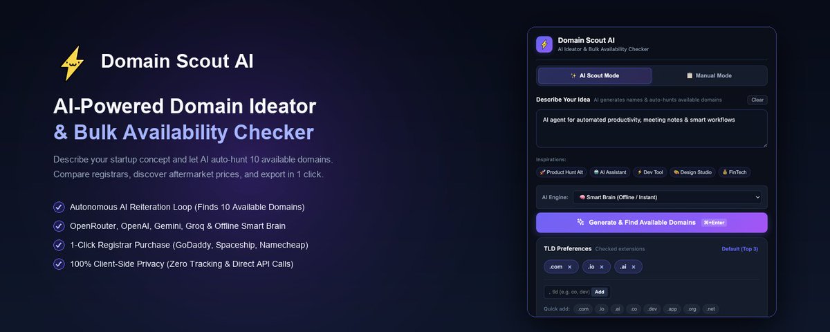 chickenvegroll's tweet photo. Added AI mode to Domain Scout. Now this is the fastest way to brainstorm your #saas product name ⚡️ 

https://t.co/IJGn58bF1t

#buildinpublic #IndieDev https://t.co/8PSSVMkdtk
