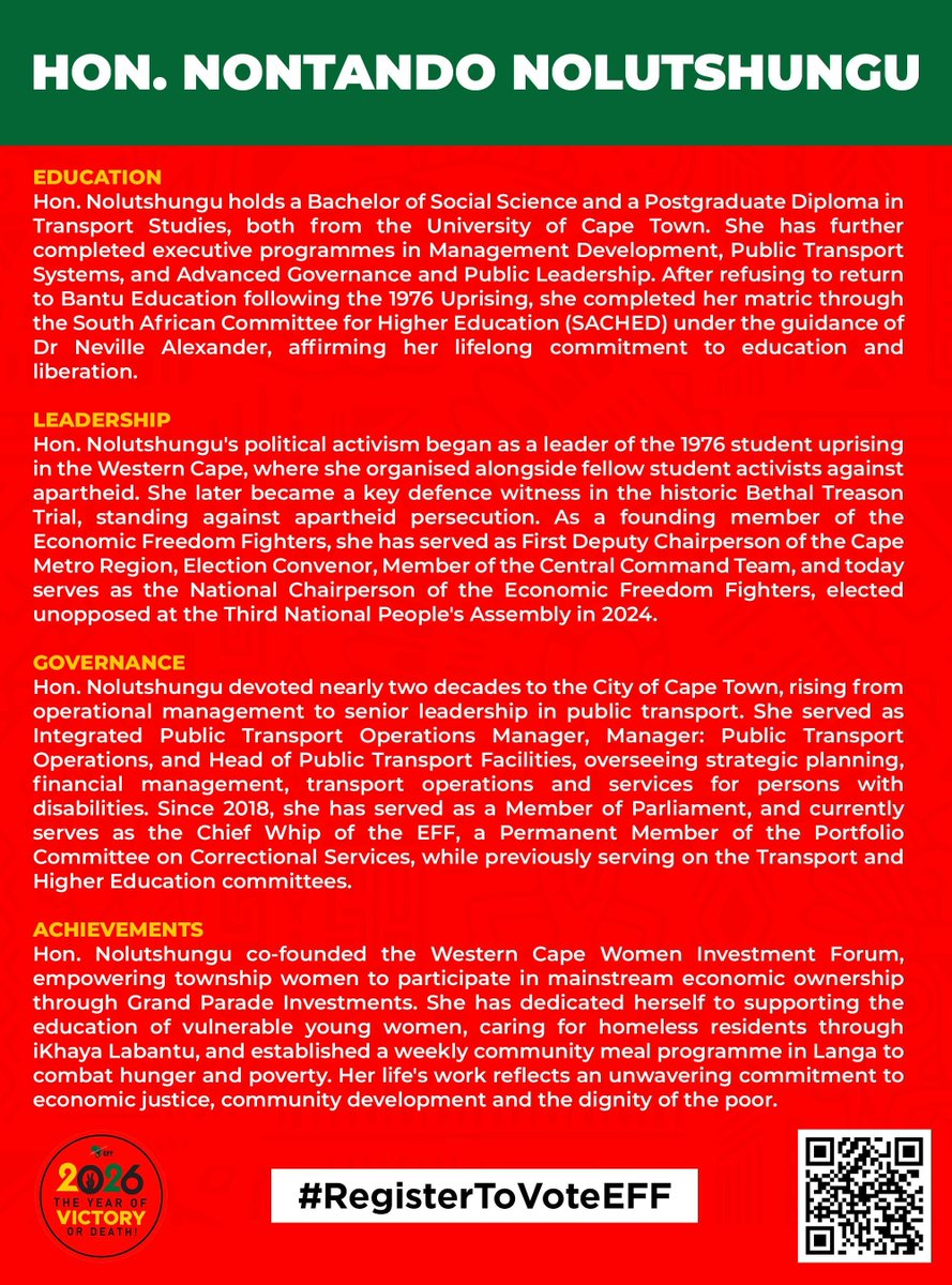 Nolutshungu_N's tweet photo. Cape Town cannot continue with unequal service delivery while millions of our people endure overflowing sewage, undignified sanitation and inadequate refuse collection.

We will build a Cape Town where all communities have equal access, proper sanitation, regular refuse collection, reliable water and electricity, decent housing and land.

The EFF is ready to govern Cape Town and end the unequal treatment of our communities.

Victory or Death!