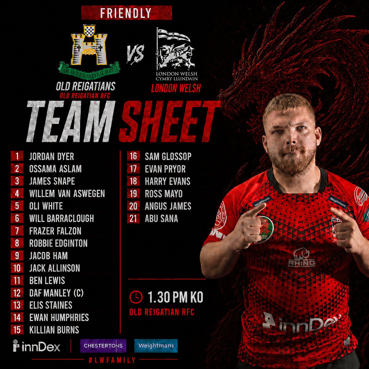 LondonWelshRFC's tweet photo. YOUR LONDON WELSH DRUIDS

The Druids 2nd XV take to the field in a friendly away to @Real_ORRFC Old Reigatians this saturday as they continue to build to the  start to the league season

A very strong Druids side it is as well! 🤯 with over 250 1st XV appearances on show!

#COYW https://t.co/HIFRfqxPM2