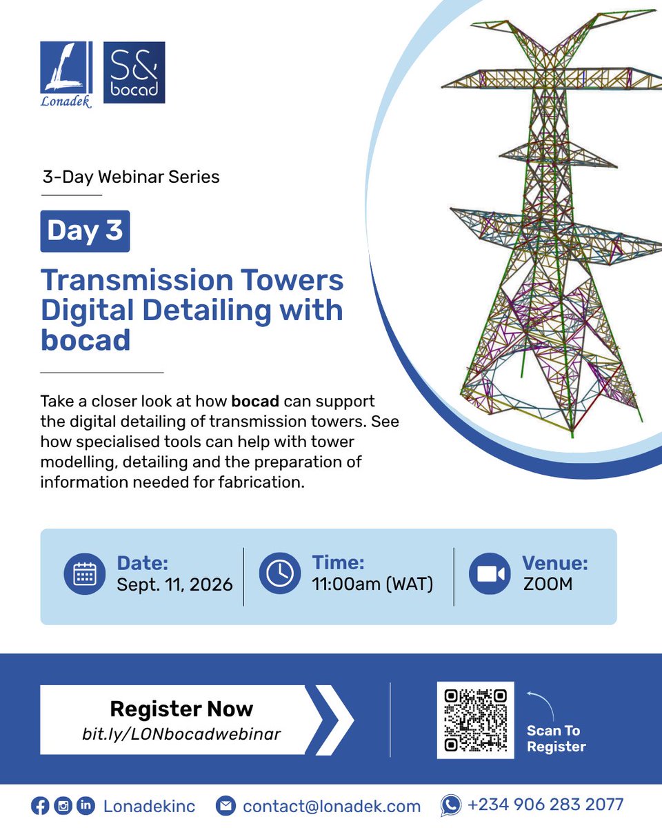 LonadekInc's tweet photo. Transmission towers are complex structures. Getting the detailing right matters.
Join us for Day 3 of our 3-Day bocad Webinar Series as we explore digital detailing, tower modelling and preparing information for fabrication.
🔗: https://t.co/fc9HnMieSX
#bocad #Engineering https://t.co/OLde2A4PHR