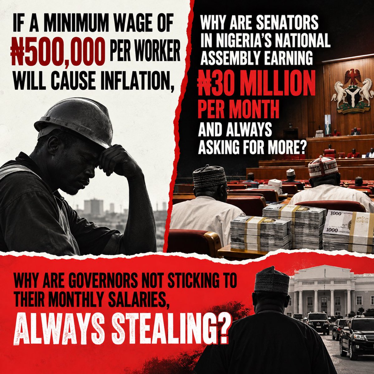sowore's tweet photo. If a minimum wage of ₦500,000 per worker will cause inflation, why are Senators in Nigeria’s NASS earning ₦30 million per month and always asking for more? Why aren’t governors sticking to their monthly salaries which is N700,000 per month instead of constantly stealing from the public treasury?