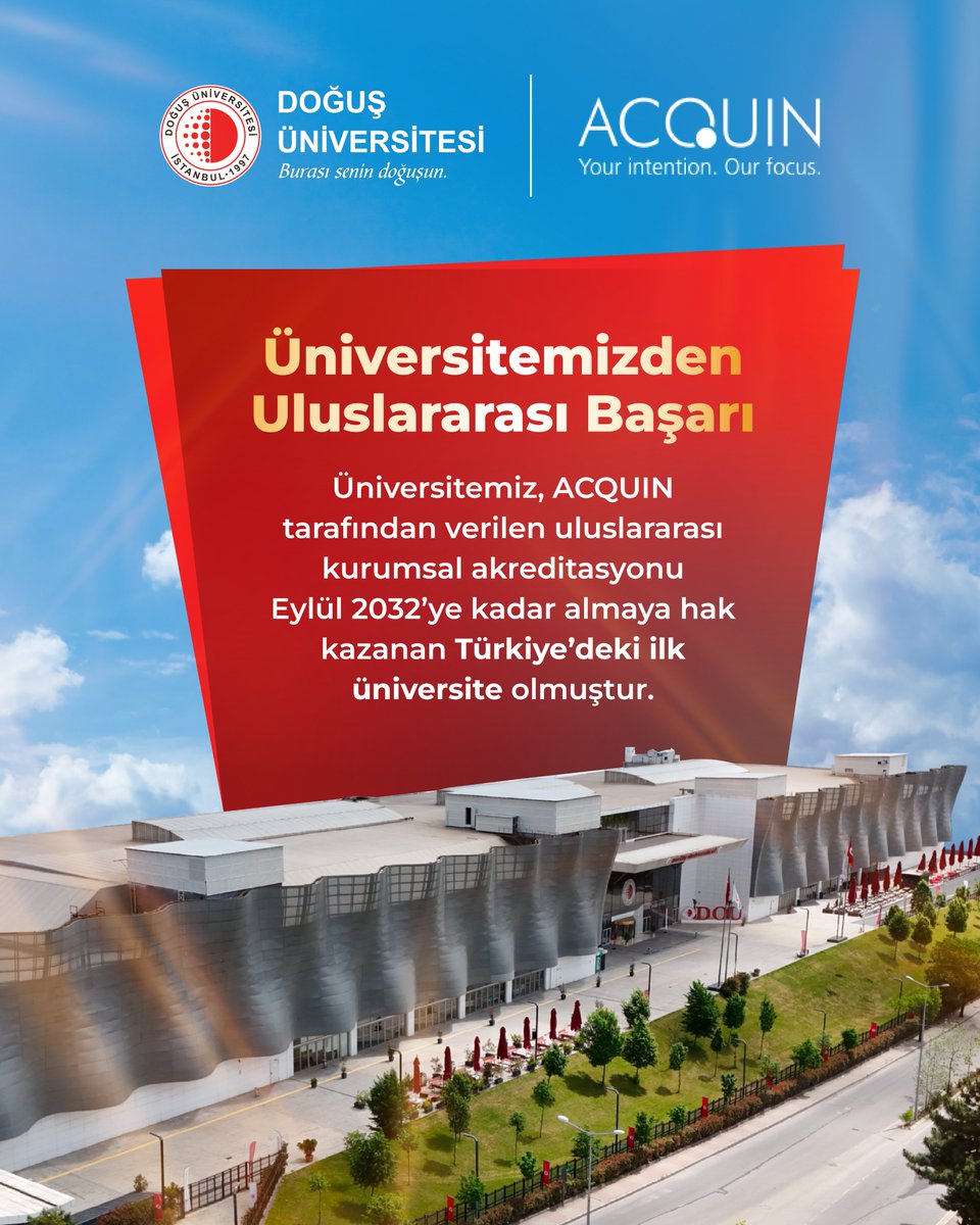 DogusUniv's tweet photo. Doğuş Üniversitesi’nden Uluslararası Başarı! ✨

Doğuş Üniversitesi, ACQUIN tarafından verilen uluslararası kurumsal akreditasyonu Eylül 2032’ye kadar almaya hak kazanan Türkiye’deki ilk üniversite oldu.

Eğitimde kaliteyi sürekli geliştirme hedefimizin önemli bir göstergesi olan bu başarıdan gurur duyuyor; uluslararası standartlarda eğitim anlayışımızı geleceğe taşımaya devam ediyoruz.

#DoğuşÜniversitesi #ACQUIN #UluslararasıAkreditasyon