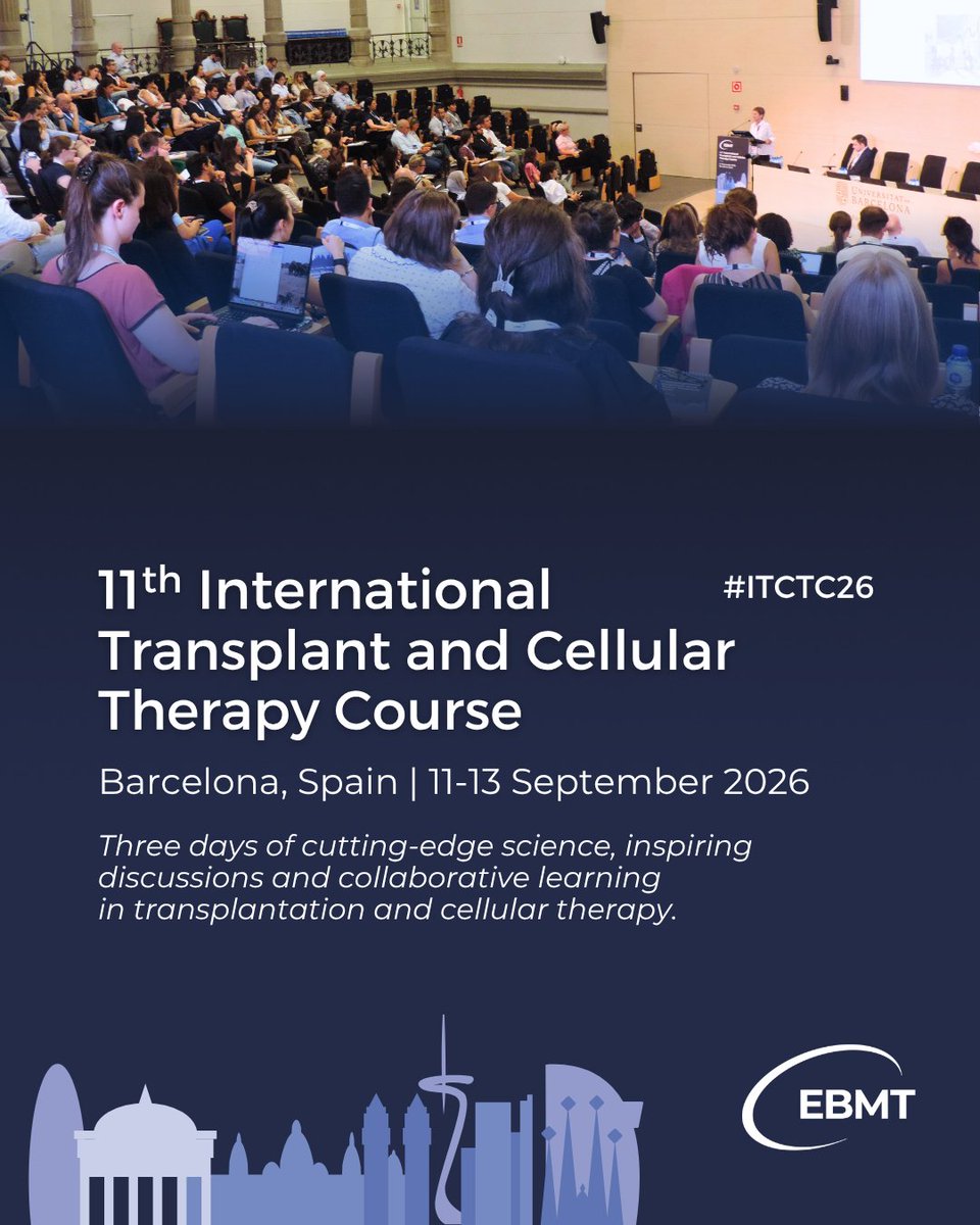 TheEBMT's tweet photo. One week left! ⌛️ Next week we gather again for the 11th edition of the International Transplant and Cellular Therapy Course.

Who is joining #ITCTC26 in Barcelona next week? 👋

#HCT #CellTherapy #EducationalMeeting @TheEBMT_Trainee @TheEBMT_Nurses https://t.co/qIovBHvIZ2
