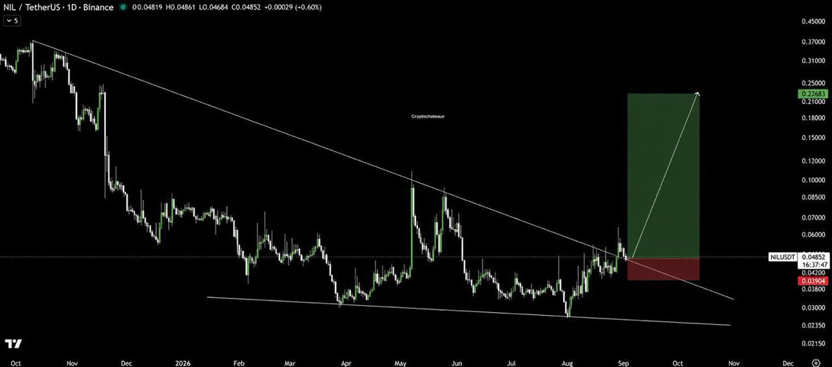 Apollo_Grayson's tweet photo. $NIL/USDT BUY SETUP

NIL has broken out of d falling wedge pattern with significant volume &amp; has successfully retested d breakout level

The successful retest confirms strong bullish momentum&amp;strengthens d breakout structure Currently, NIL looks ready 4 a potential explosive pump https://t.co/f7MbMGMq2y