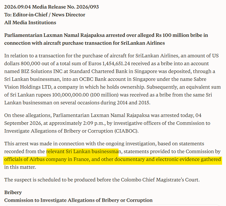 rangaba's tweet photo. . @RajapaksaNamal took part of the Airbus bribe - $800,000-drawn in several instalments via a bank account of businessman Nimal Perera, @CIABOC_SriLanka says. Nimal is turning against Namal to save his own skin. Both are also implicated in the Krrish scam.https://t.co/DKdppBBntV https://t.co/VkfetvBoRo