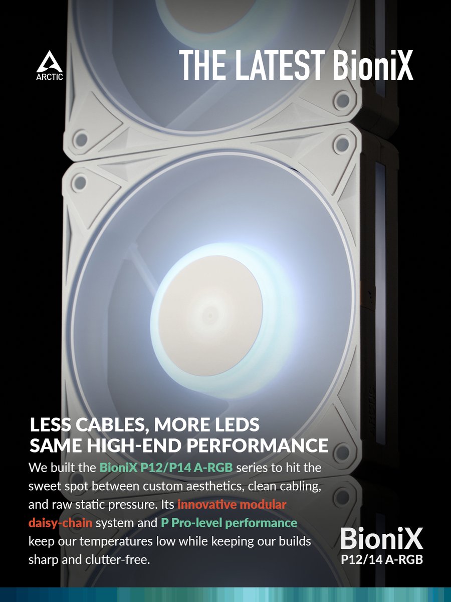 ARCTIChannel's tweet photo. BioniX P12/P14 A-RGB - Where cooling performance and aesthetic clicks 💡
Swipe to learn more about the latest edition of ARCTIC's trusted BioniX Series 👉🏻
-
#CooledByARCTIC #ARCTICCooling #ARGBFans #PCCooling #BioniX https://t.co/FH46u7g1HR