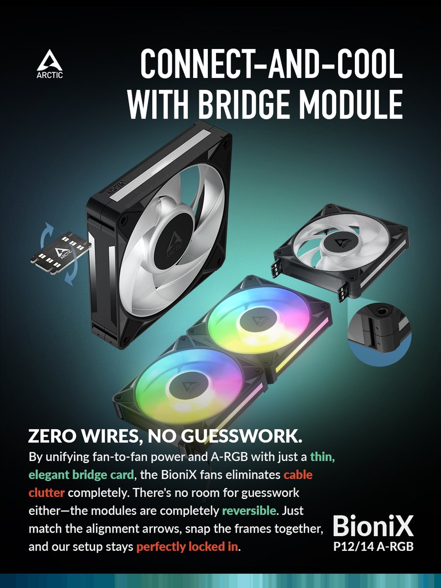 ARCTIChannel's tweet photo. BioniX P12/P14 A-RGB - Where cooling performance and aesthetic clicks 💡
Swipe to learn more about the latest edition of ARCTIC's trusted BioniX Series 👉🏻
-
#CooledByARCTIC #ARCTICCooling #ARGBFans #PCCooling #BioniX https://t.co/FH46u7g1HR