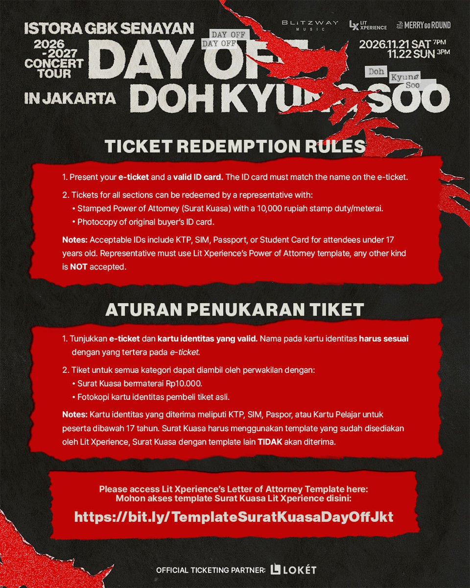 litxperience's tweet photo. [TICKETING TERMS & CONDITIONS]

🚨 Attention, DOH KYUNG SOO fans! The 2026-2027 DOH KYUNG SOO CONCERT TOUR [DAY OFF] IN JAKARTA is getting closer!

Before ticketing day arrives, please make sure to read all the ticketing information and Terms & Conditions carefully to ensure a smooth and seamless ticketing process.

Need help or have any further questions? Feel free to reach out to us:
📧 event@lit-xperience.com
📱 WhatsApp: +62 878-8298-2939

Don’t miss your chance to secure your spot and create unforgettable DAY OFF memories with DOH KYUNG SOO! ❤️

#도경수
#DOHKYUNGSOO
#DOHKYUNGSOOJAKARTA
#DAY_OFF
#DAYOFFINJAKARTA
#LITXPERIENCE