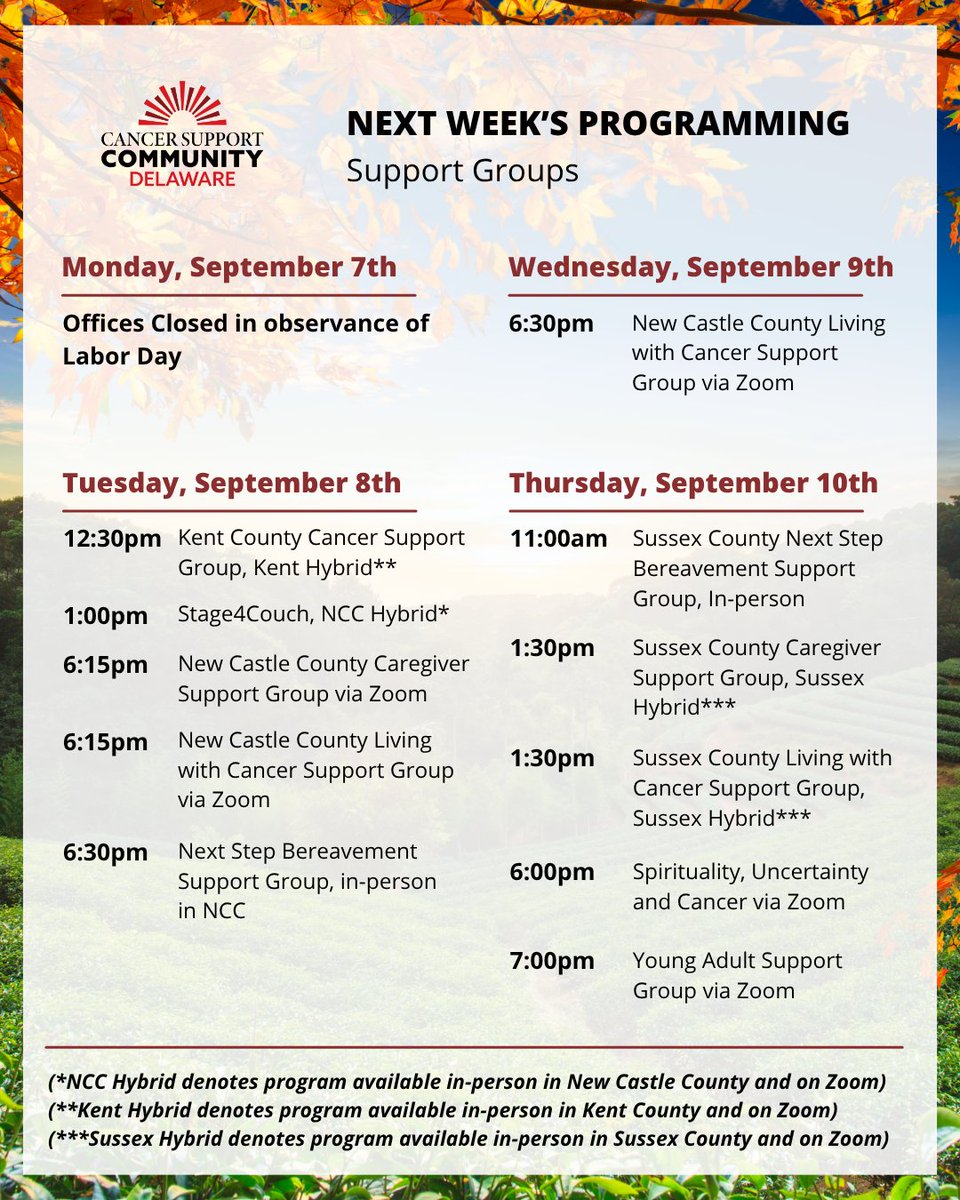 CancerSupportDE's tweet photo. Here is what's coming up next week at #CSCDE! Join us for our virtual Welcome Meeting this Thursday at 10am to learn about us, our programs, and our support services.
Register at: https://t.co/qPWerz62nm
#CSCDE
#CancerSupport
#CancerAwareness
#CancerCommunity
#MentalHealthAwareness