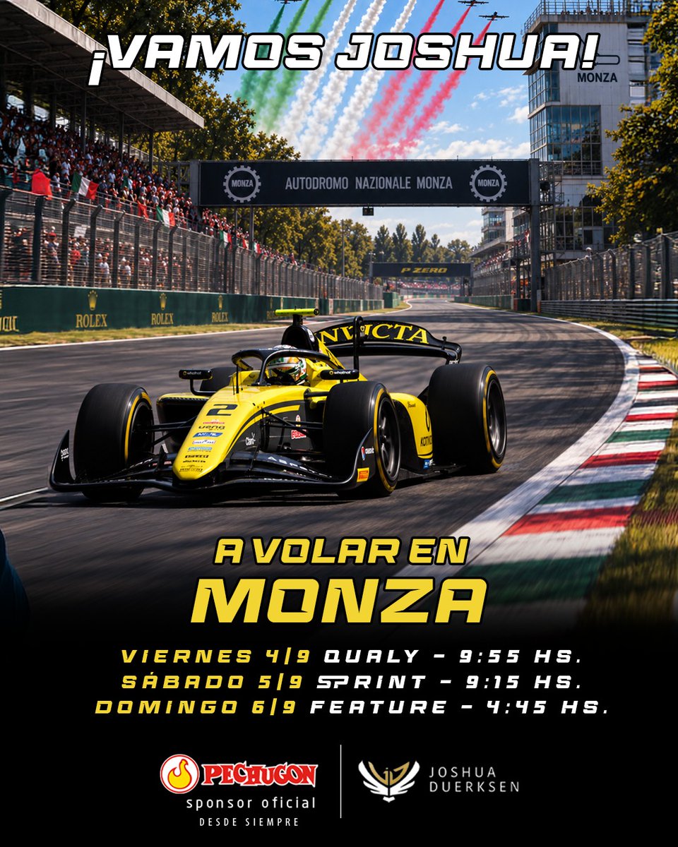 PechugonPy's tweet photo. 🏁 ¡VAMOS JOSHUA, A VOLAR EN MONZA! 🇵🇾

Joshua vuelve a su circuito favorito. En Monza, el templo de la velocidad, el paraguayo subió al podio las últimas dos temporadas seguidas — de hecho, es una de las pistas donde más brilló en toda su carrera en la F2. 🟡⚫🏆

El piloto mbareté que corre con #laFuerzaDeNuestraTierra regresa a Italia con la ilusión intacta de repetir la hazaña.

🗓️ AGENDÁ EL FIN DE SEMANA – GP de Italia (Monza)
🏁 Viernes 4/9 – Qualy: 9:55 hs
🏎‍🟀 Sábado 5/9 – Sprint: 9:15 hs
🏆 Domingo 6/9 – Feature: 4:45 hs

¡Todo Paraguay se prende para verlo volar! 🇵🇾🔥

#JoshuaDuerksen #F2 #PechugonVuela #ParaguayVuela #laFuerzaDeNuestraTierra #SponsorOficial
