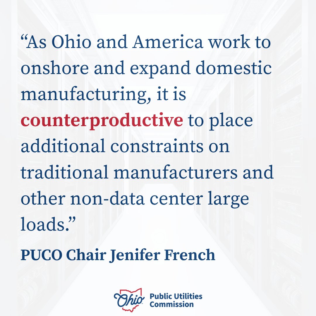 PUCOhio's tweet photo. The proposal would require large new electricity customers to provide their own power or face prioritization for power reductions or shut-offs during grid stress. https://t.co/OTETZ2Auuv