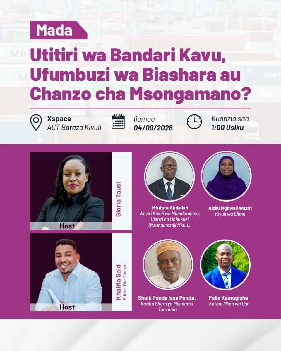 ACTwazalendo's tweet photo. Leo kuanzia saa moja kamili usiku kutakuwa na mjadala wa wazi kuhusu kero ya bandari Kavu jijini Dar esSalaam

Mzungumzaji mkuu Ndg @MtuturaAbdallah Waziri Kivuli wa Ujenzi, Miundombinu na Uchukuzi @ACTwazalendo.

Mjadala utaendeshwa hii
👇🏿
 @ACTBarazaKivuli 

Nyote mnakaribishwa https://t.co/VRcqlm8beM
