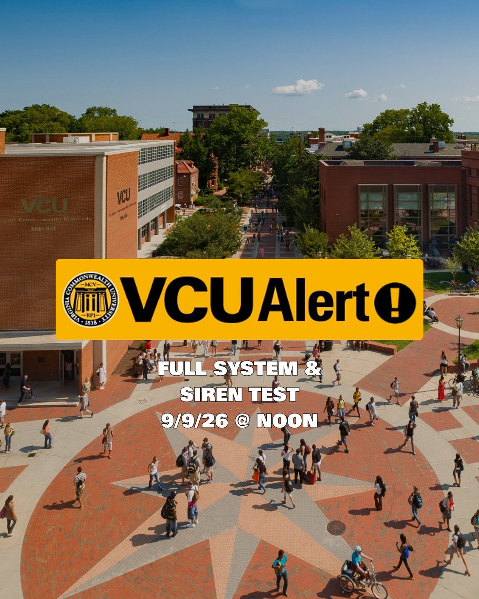 VCUPD's tweet photo. ALERT:  VCU Emergency Management will conduct a full test of the emergency alert system Wednesday, Sept. 9, at noon.

This test includes activation of outdoor sirens on both the Monroe Park Campus and MCV Campus, and Alertus boxes and signage across both campuses.

VCU Alert subscribers will receive a text message and email 10 minutes before, at the beginning of and the conclusion of the test.

Beyond the need to check its status, VCU conducts a bi-annual test of the full VCU Alert system to educate our community on the types of alerts they would receive in a real emergency situation.

It is a good idea to learn more about the types of alerting technology now, not later. Do so by visiting https://t.co/O3bD9r5lUe. @VCU @VCUHealth #vcu #rva