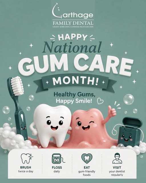 CarthageDental's tweet photo. Happy National Gum Care Month! 💖😁 Healthy gums start with everyday habits—brushing, flossing, eating well, and keeping up with regular dental visits. Give your gumline some extra care this month! 🗓️Learn more: https://t.co/cZxY1QRhoW #HealthyGums #OralHealth #DentalCare https://t.co/6iPeVSausZ
