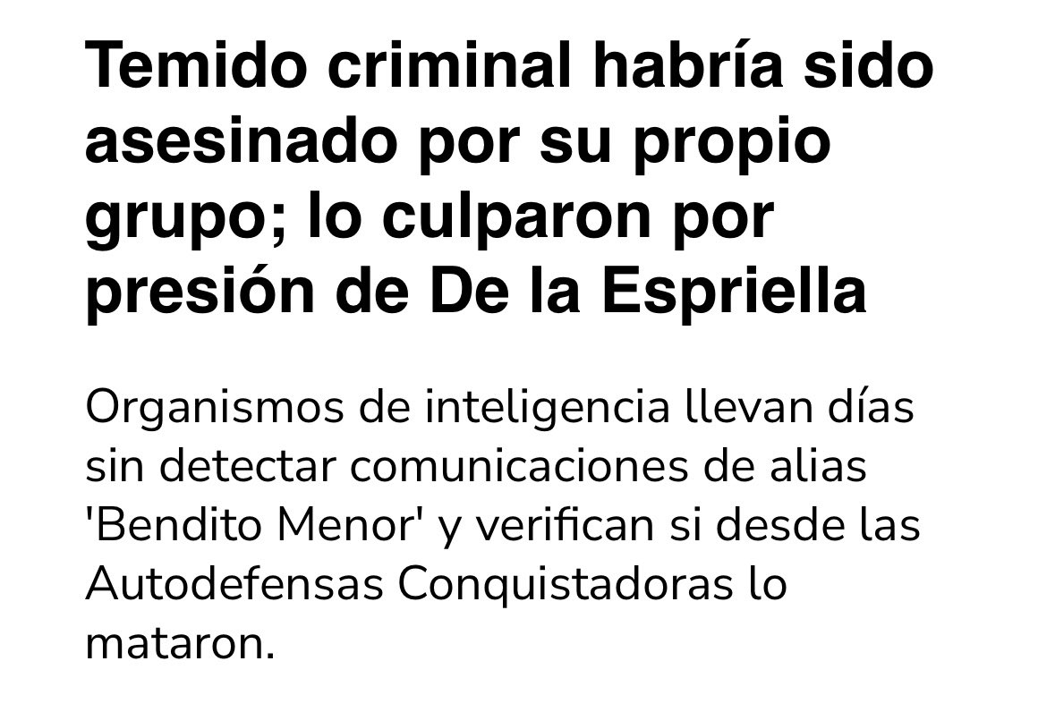 RicardoGonDuq's tweet photo. Dudas que me surgen sobre la caída de alias “Bendito Menor”:

-¿Fue abatido por las autoridades o por su misma gente?
-¿Empezaremos a volver a ver trabajos “conjuntos” entre Ejército, Policía y paramilitares?

Tres escenas en tres imágenes:

1- Desde ayer varios medios publicaron que se sospechaba que lo habían matado sus propios hombres. (Noticia del 3 de sep a las 4:38 pm.)
2- @ABDELAESPRIELLA anunció a las 11 pm que hoy dará noticias sobre “narcoterroristas” que iban a caer.
3- La prensa anuncia hoy que “en horas de la madrugada” la Policía y el Ejército abatieron a este personaje.

¿Es coincidencia que ayer varios medios reportaran que sus hombres lo mataron? ¿Desde el Gobierno pensaron que era mejor cambiar la versión para decir que fue la fuerza pública y unos criminales los que abatieron a “Bendito Menor”? ¿Volveremos a los tiempos de los Pepes: FFMM de Colombia, EEUU y criminales trabajando juntos?

Nada de esto extraña, por el entorno criminal que rodea a De la Espriella.