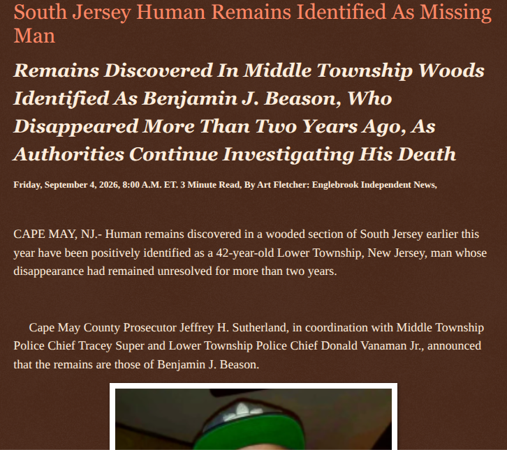 ArtFletcher9's tweet photo. South Jersey Human Remains Identified As Missing Man https://t.co/0o9bkL3ujg via @Englebrooknews #NewJersey #CapeMayCountyNJ #LowerTownshipNJ #MiddleTownshipNJ #HumanRemains #Identified #MissingMan @HRG_Media @LodiNJNews @fordmb1 @SarahGeving1 @Shannon96574094 @DanCook26214426 @Daytobehappy @janninereid1 @gator4kb18 @TrumpWasRite2 @KathyKbrose @RobGerundo @JimBobW49