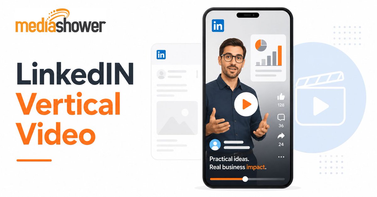 TheMediaShower's tweet photo. LinkedIn is now prioritizing vertical videos. If you’re not savvy on this TikTok-style video format, we’ve got you covered. 

Our latest guide has best practices and specifications for LinkedIn vertical videos, along with real examples from top marketers to get you inspired. 
#LinkedInVideo #B2BMarketing