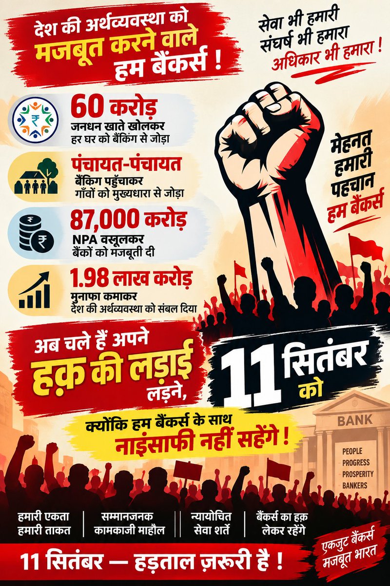 sunnyjamshedpur's tweet photo. 60 करोड़ जनधन खाते खोलकर
87,000 करोड़ NPA वसूलकर
1.98 लाख करोड़ प्रॉफिट कमाकर

अब चले हैं हम अपने हक़ की लड़ाई लड़ने
11 सितंबर को

क्योंकि सम्मानजनक PLI है हक़ हमारा
अपने हक़ से पीछे नहीं हटेंगे

11 सितंबर - हड़ताल ज़रूरी है।
@fboioa_india @AshishTekale_ @Pramod_Shinde09 @SunilLa58275710