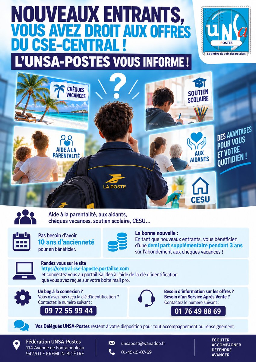 unsapostes_off's tweet photo. 📷 LES NOUVEAUX ENTRANTS ONT AUSSI DROIT AUX OFFRES DU CSE-CENTRAL ! L'UNSA-POSTES VOUS INFORME 📷
#LaPoste #postiers #postieres #factrices #facteurs #CDI #csec https://t.co/DbCXr1tR3z
