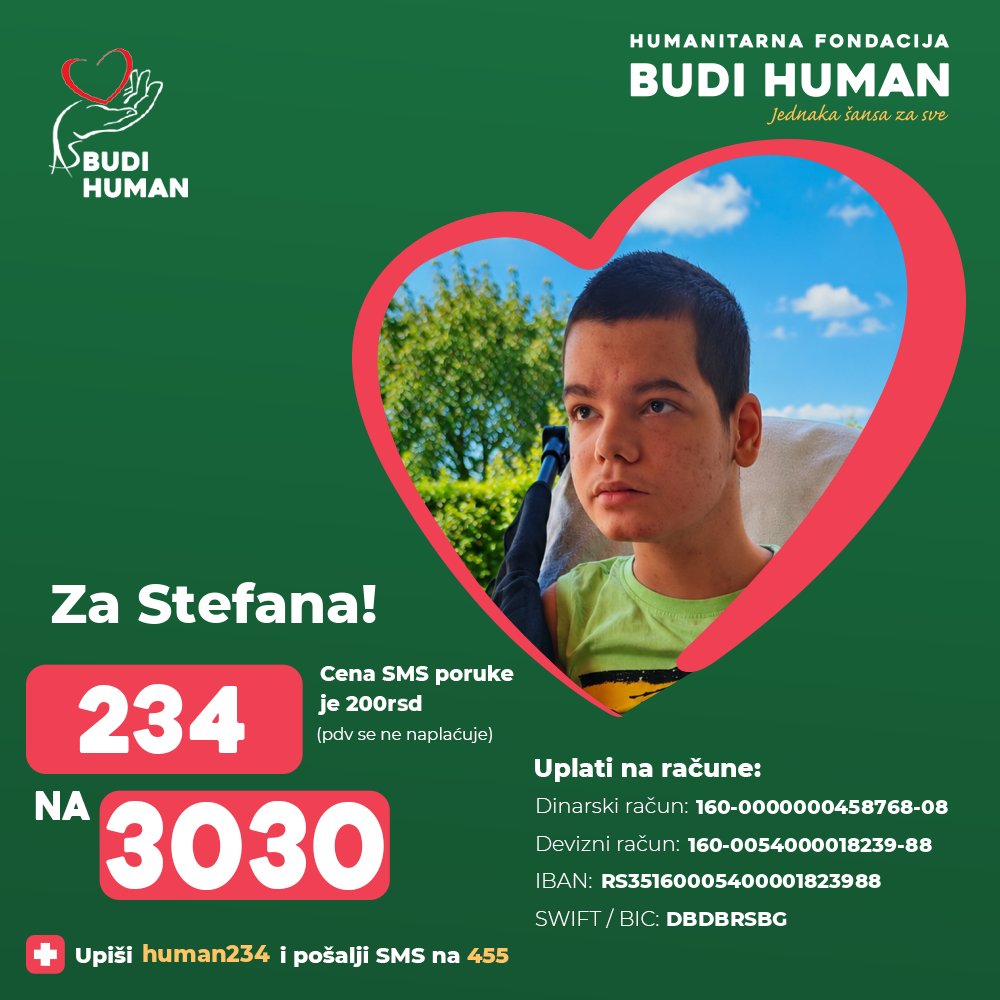 budihuman's tweet photo. Pomozimo Stefanu!

Upišimo 234 i pošaljimo SMS na 3030

https://t.co/yTuD4ThgFc

#budihuman #jednakašansazasve #podeli #stefanlilić https://t.co/wmrnZGPgc9